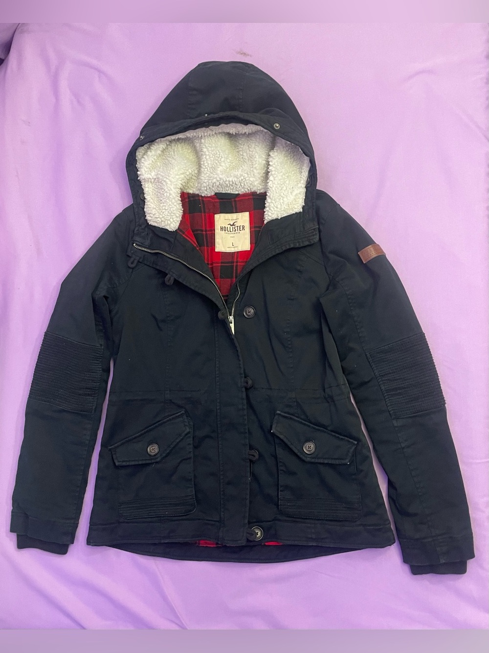 ⁠Y2K Vintage Hollister Canvas Utility Parka Jacket Sherpa Hood Red Plaid L⁠ 2006